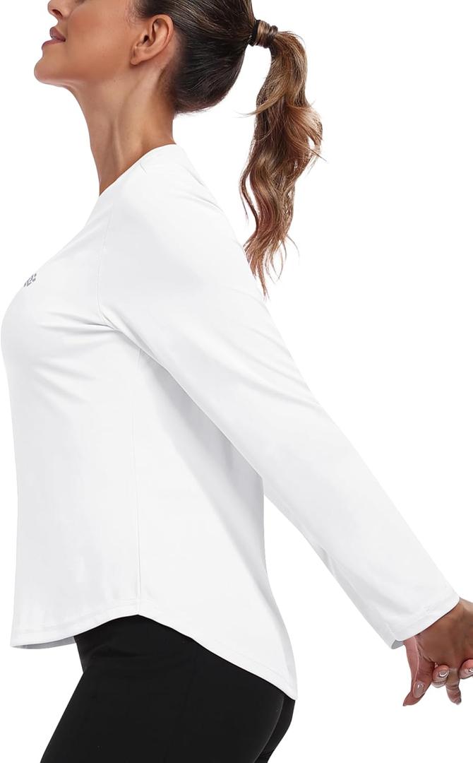 MoFiz Women's Long Sleeve Workout Tops Running Athletic Hiking Shirts Tees Quick Dry Loose Fit UPF 50+ Sun SPF UV Protection Sport T-Shirt XL White