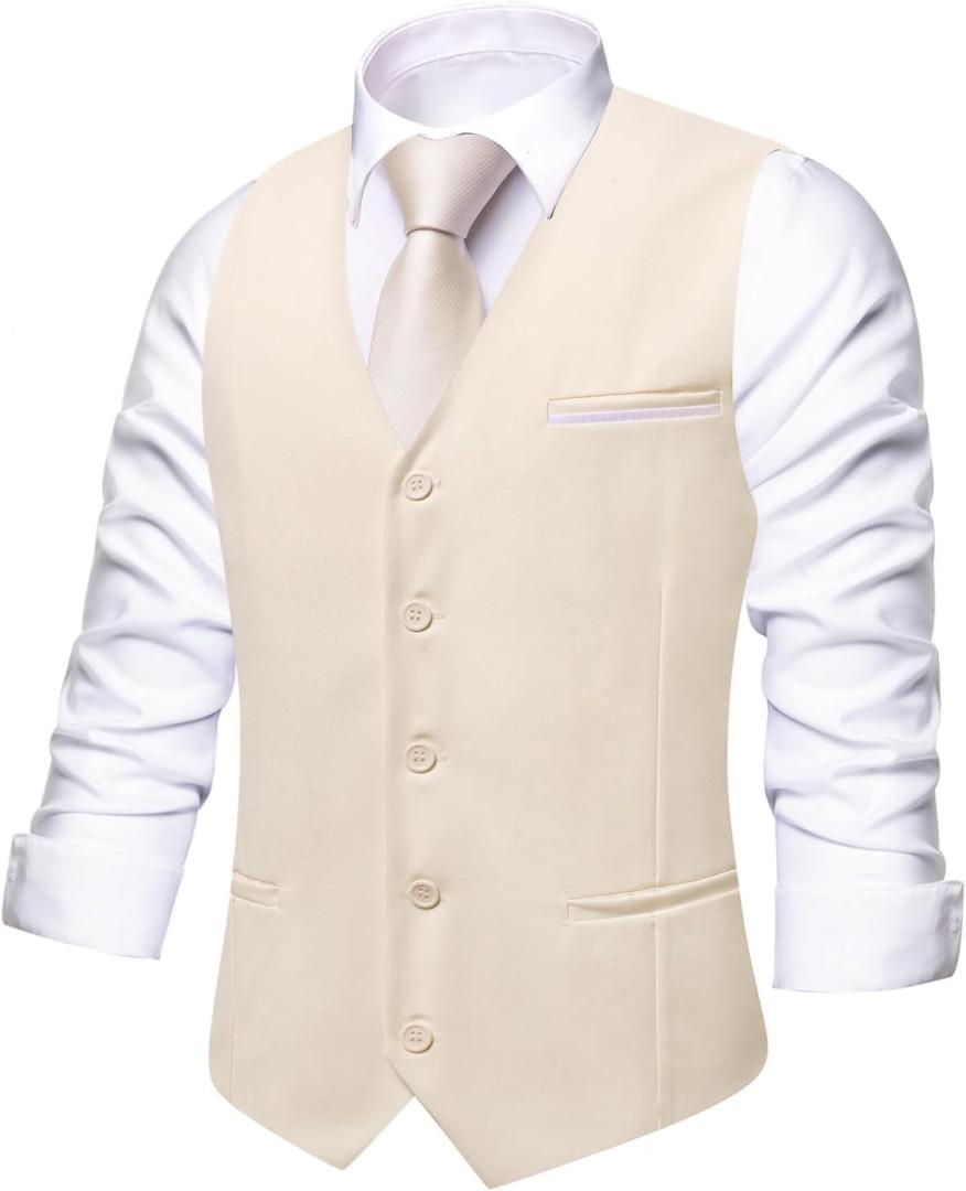 Hi-Tie Solid Suit Vest for Men Slim Fit V Neck Dress Waistcoat for Wedding 3 Real Pockets Formal Men Vest Jacquard, Beige, Medium