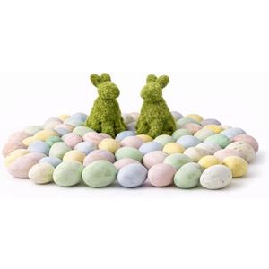 Modern Spring Easter Tabletop Decor Set, Decorative Easter Eggs with 50 Speckled Eggs and 2 Moss Bunnies  A Subtle, Adult-Friendly Accent for Entryways, Sideboards and Mantels