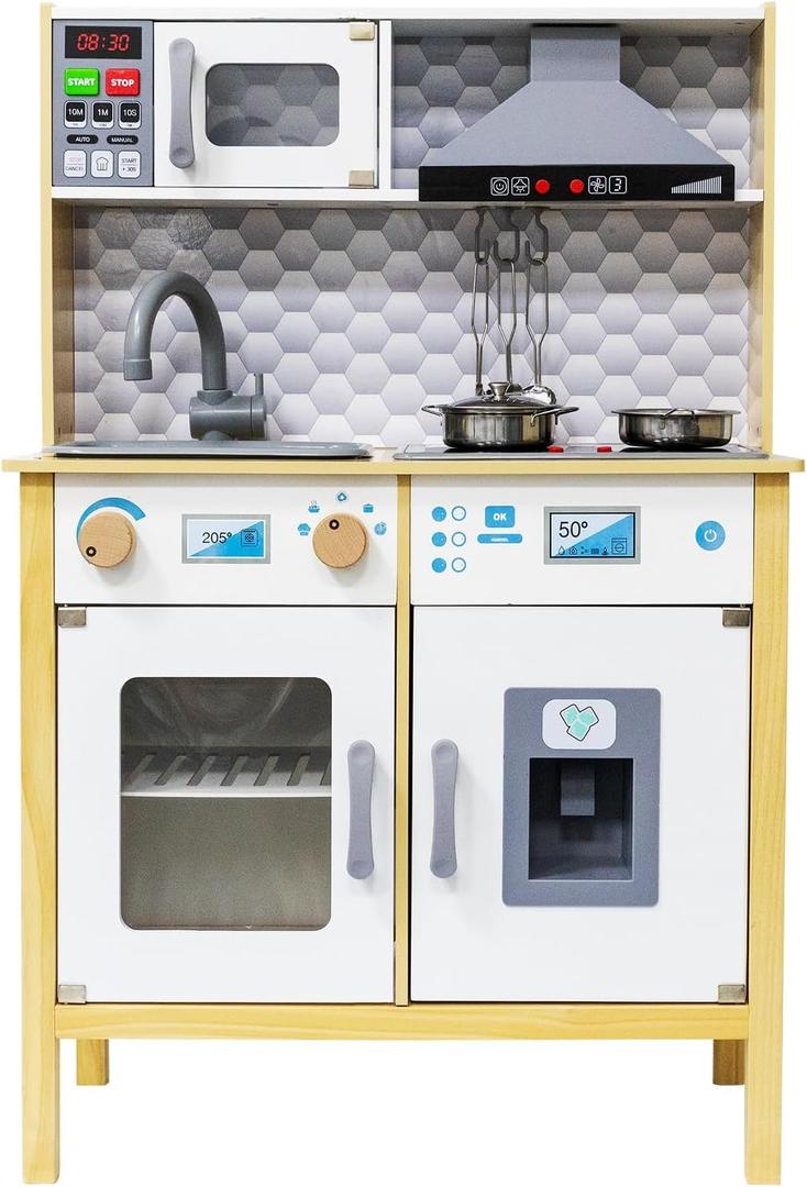 Play Kitchen for Kids Toddlers, Toy Kitchen Playset with Real Lights & Sounds, Wooden Play Kitchen with Cooking Set, Ice Maker, Microwave, Oven for Girls Boys Ages 3+