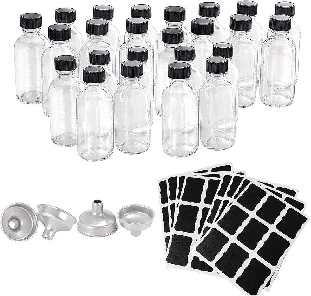Z-synka 20PCS 2oz Glass Bottles with Caps, Small Glass Jars, Wellness Shot Container, Liquid Sample Bottles 60ml with Funnels, Labels, for Bourbon Whiskey, Essential Oils, Juice, NO Leakage