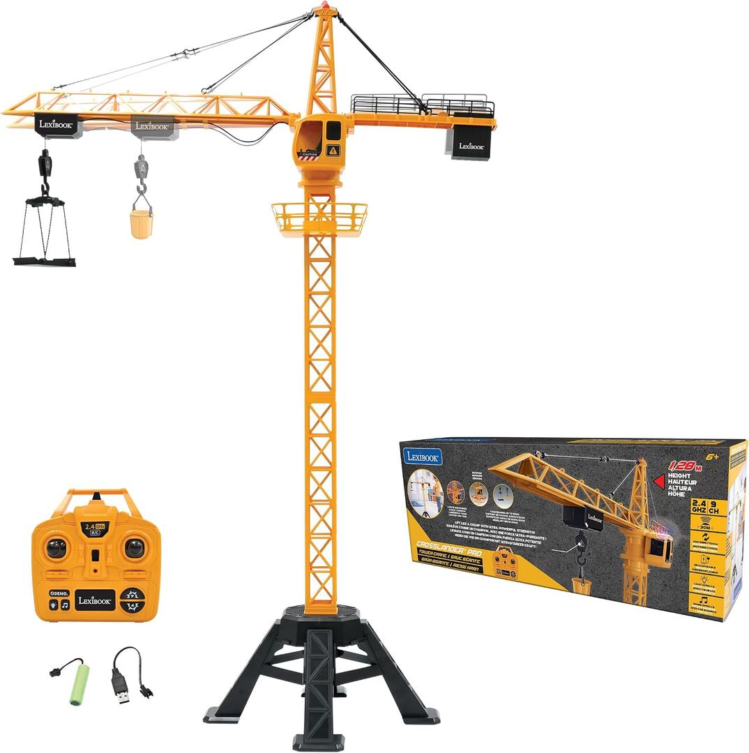 LEXiBOOK, Crosslander Pro, RC Crane, Remote-Controlled Tower Crane, Height 4.20 ft, Lifts up to 1.10 lb, Multidirectional, Sound and Light Effects, Yellow, RCP35, 27.6 inches x 50.4 inches x 16.7 inches