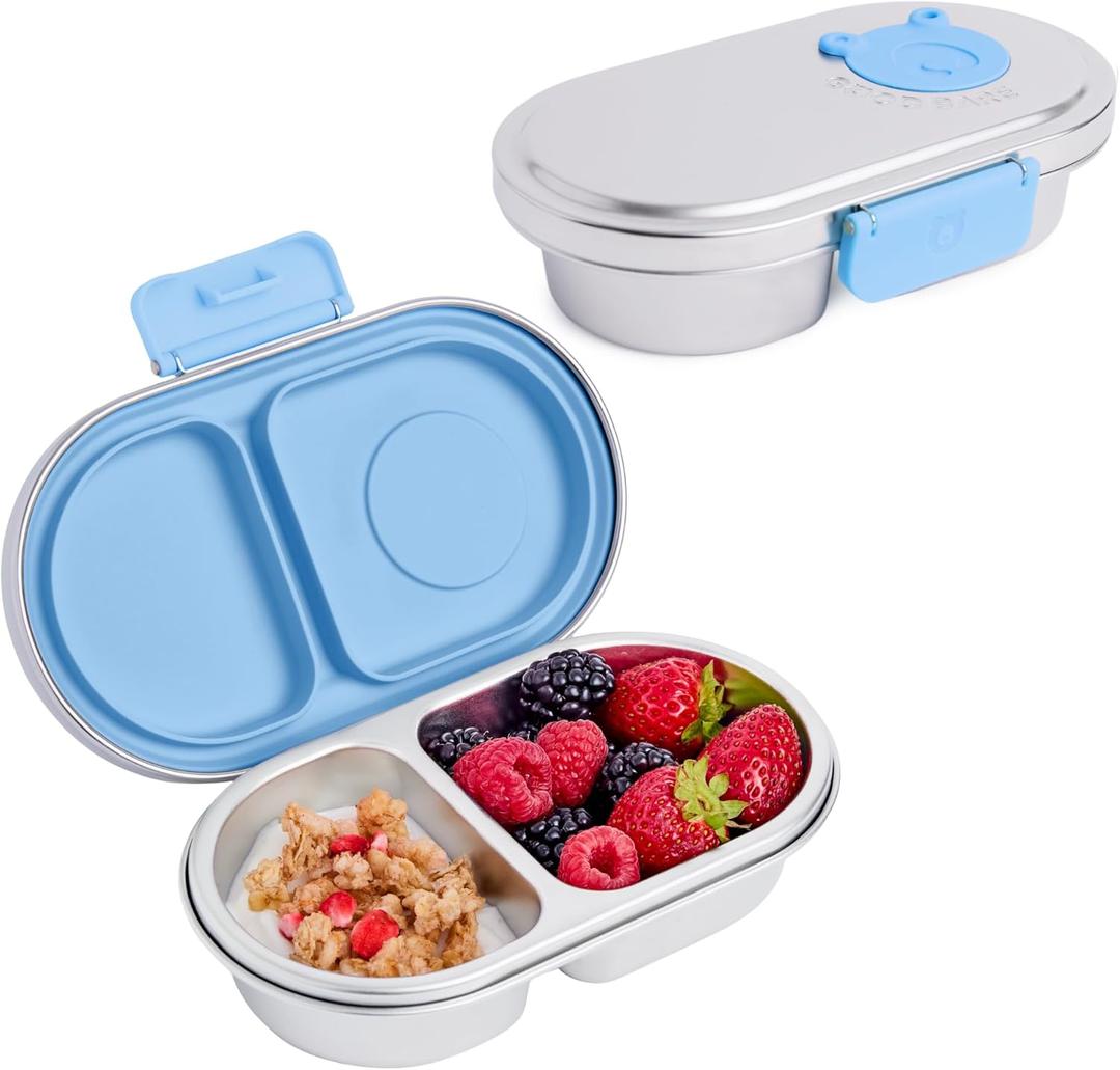 Good Bare Stainless Steel Snack Container for Kids  2 Compartment Metal Bento Box, Leakproof, BPA-free, Easy-Open Latch, Dishwasher Safe, Small Snack Pack, Perfect for On-the-Go (Sky Blue)