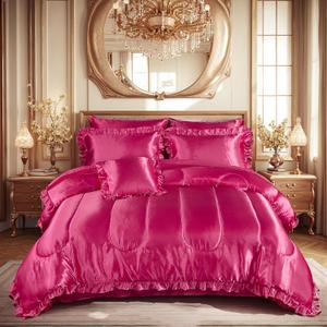 Bedding_Dreamer Queen Size Satin Bed in a Bag Hot Pink Bedding Set Silk Like Silky Comforter Set Sexy Silky Sheet Set Luxury Hotel Room Decor Womens Girly Bed Sets Ruffled Gothic Down Comforter 8 Pcs