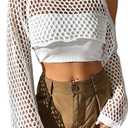 Womens Crochet Crop Tops Y2k Knit Shrug Sweater Hollow Out Long Sleeve Bikini See Through Cover Ups Medium