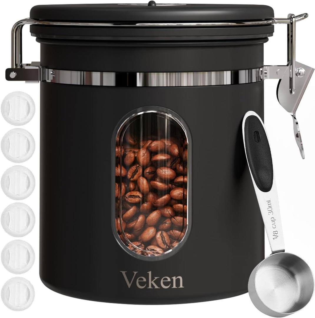 Veken Coffee Canister with Window, Airtight Stainless Steel Kitchen Food Storage Container with Lids, Date Tracker and Scoop for Grounds Coffee, Beans, Tea, Flour, Cereal, Sugar Jars, 16OZ, Black (16 oz, Black)