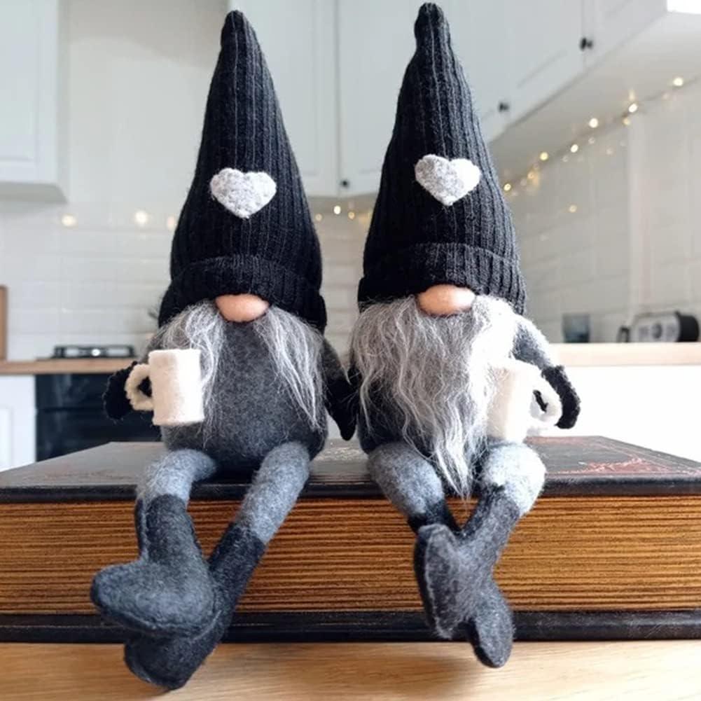 2 Pcs Coffee Gnomes Plush Bar Decor, Handmade Swedish Tomte Gnomes Gifts Farmhouse Scandinavian Figurine Gnome for Home Kitchen Coffee Station Table Shelf Decor (Black)