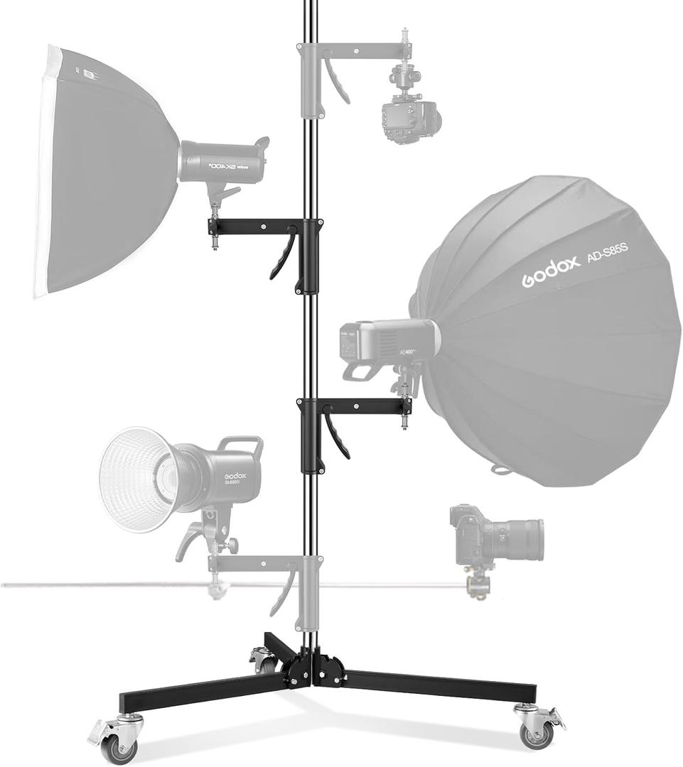 M20 Steel Wheeled Pistol Grip Heavy Duty Light Stand for Photography with Sliding Arm and Chrome-Plated Column Stand, Max. Height 6.5' Max. Load 22 Lbs, Ideal for Light Stand Photography