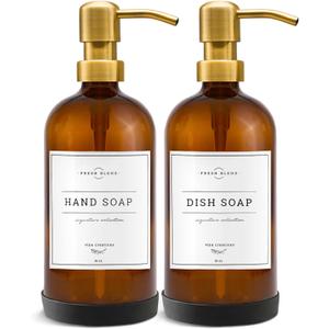 Vine Creations Amber Glass Soap Dispenser, 2 Pack Kitchen Soap Dispenser Set with Stainless Steel Pump, 16 oz Dish Soap and Hand Soap Dispensers for Bathroom with Waterproof Labels