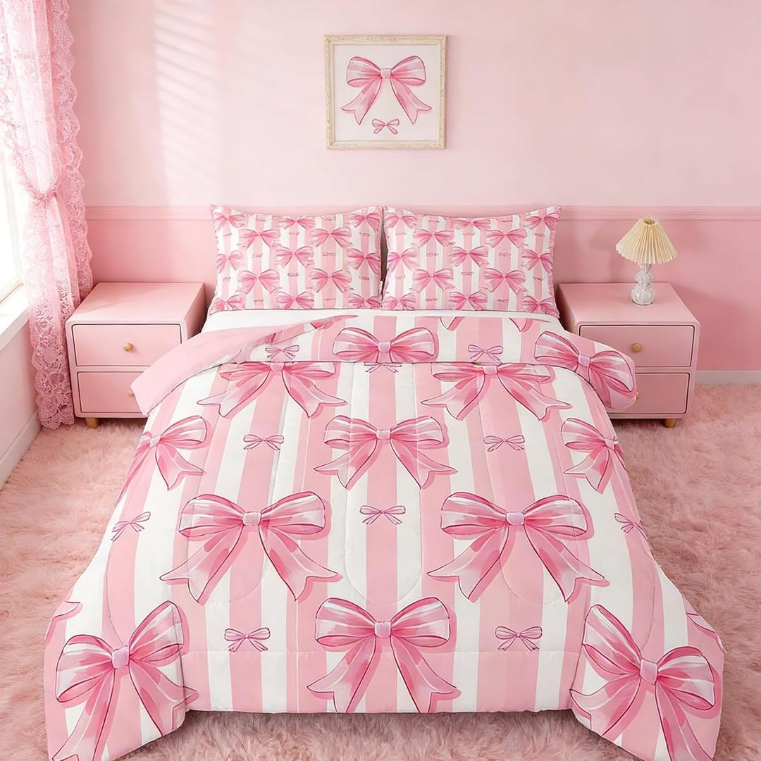 Feelyou Pink Bowknot Comforter Set,Dreamy Princess Bowknot Bedding Set Twin Size,Girls Bedroom Room Decor,Cute Bow Girly Comforter,Kawaii Geometric Bow-tie Bed Set for All Season (Pink and White)