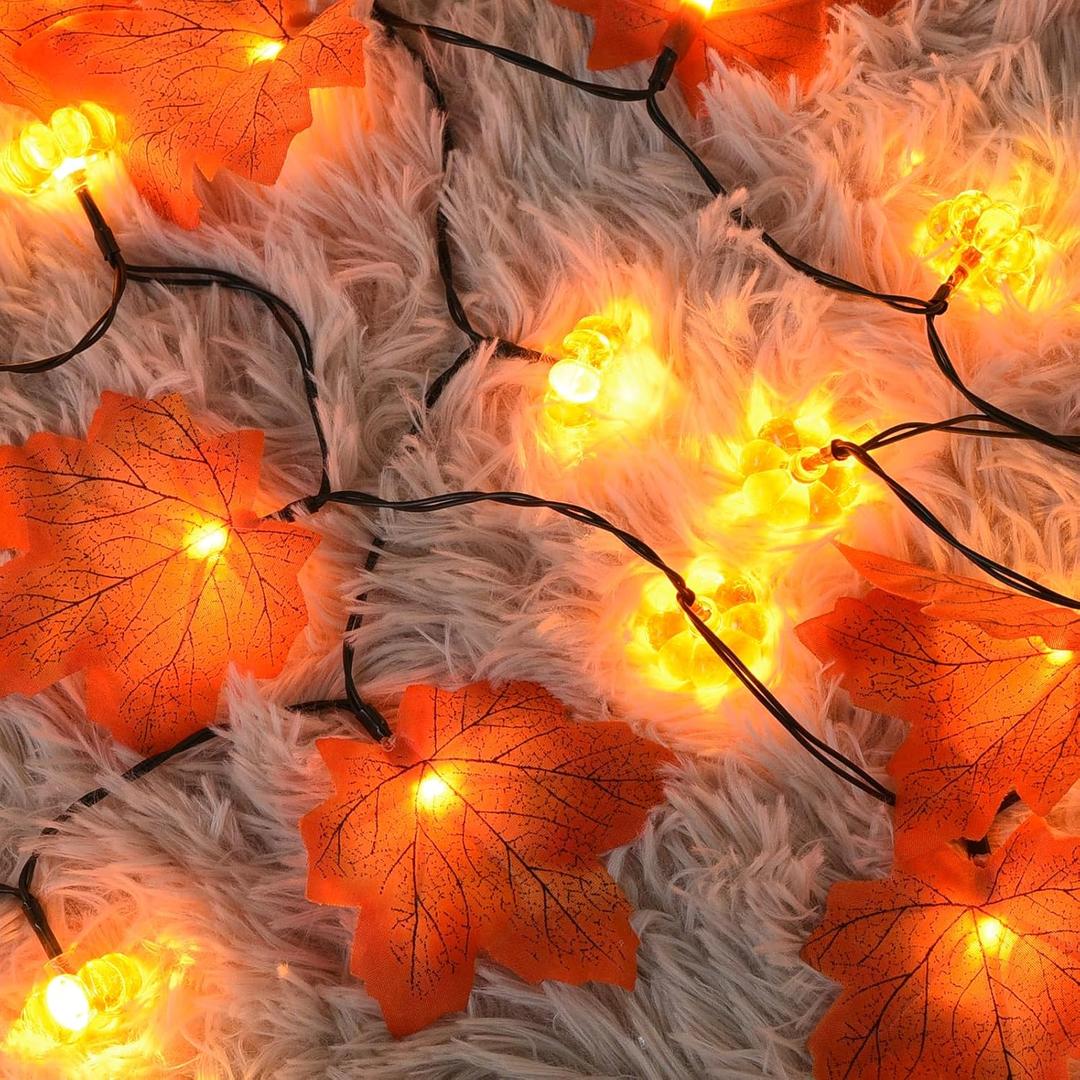 Halloween Lights with Timer for Thanksgiving Decorations: Battery Pumpkin Maple Leaf String Fairy Lights with Romote - 13ft 40 Led Orange Lights for Halloween Autumn Fall Harvest Outdoor Garland Decor