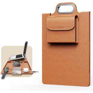 MicroPack Laptop Sleeve with Wireless Charging, Built-in Detachable Accessory Organizer and Metal Handle, Mouse Pad and Stand, Leather Laptop Bag for 15 Inch MacBook/HP/Dell, Watch, Headphones - Brown