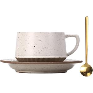 Vintage Ceramic Tea Cup and Saucer Set with Spoon, 10 oz Minimalist Porcelain Coffee Mug (Cream Fleck)