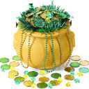 Sratte 308 Pcs St Patrick's Day Candy Cauldron Kettle with Handle Set Pot of Gold Shamrock Gold Green Coin Gem Leprechaun Clover Necklace Lucky Plastic Jewelry Treasure (Gold, 7.87 x 5.91 in) (Gold Pot)