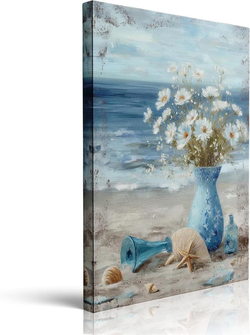 Beach Vase with Daisies Shells and Starfish on Sand Ocean Seascape Framed Canvas Wall Art Coastal Painting Prints Posters Wall Decor for Bathroom Bedroom Living Room 12x16 Inches