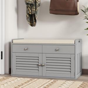 Shoe Storage Bench with 2 Drawers & 2 Doors, Entryway Bench with Cushion, Adjustable Shelves, Shoe Cabinet with Storage Space for Entryway, Living Room, Hallway, Mudroom, Bedroom, Grey