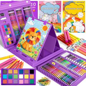 GOTIDEAL Art Supplies for Kids,Drawing Art Kit,210 PCS Kids Art Set with Double Sided Trifold Easel,Coloring Book, Crayons, Markers, Watercolor Pens, Arts & Crafts,Gift for 4-12 Year Old Girl(Purple)