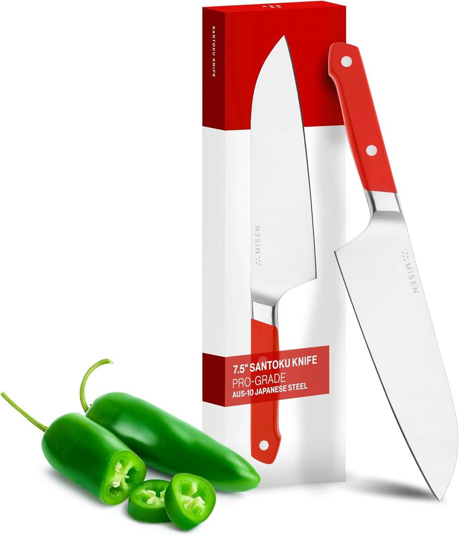 Misen Japanese Santoku Chef Knife - 7.5 Inch High Carbon Stainless Steel - Classic Japanese Knife Design for Cutting, Slicing, and Chopping - Razor Sharp Japanese Style Kitchen Knife, Red