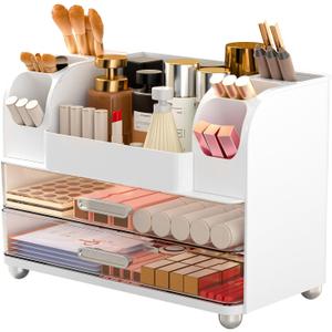 Makeup Organizer Countertop with 2 Large Drawers, Vanity Organizer with Brush Holder, Skin Care Storage for Dresser, Perfume Organizer for Lotion, Lipsitck, Palette (White)