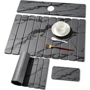3 PCS Large Stone Dish Drying Mat for Kitchen Counter, Quick Dry Diatomaceous Earth Mat with Sink Faucet Pad, Marble Water Absorbing Stone Drying Mats for Dishes, Bottles and Cups