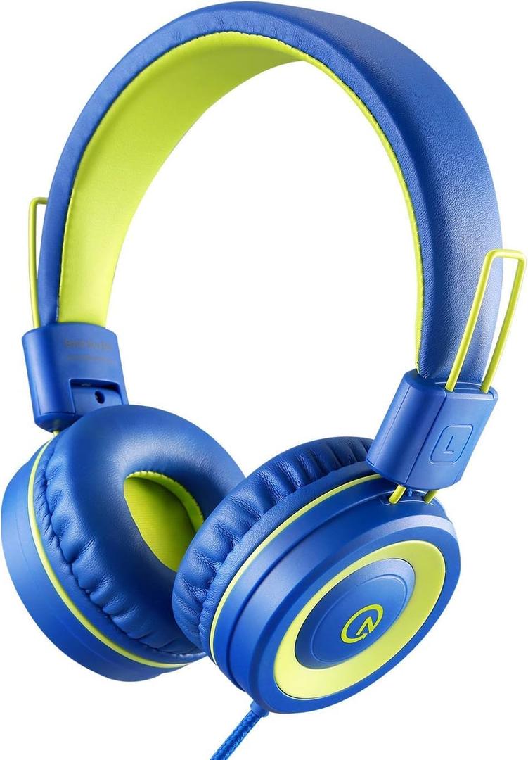 Noot Products Kids Headphones with Microphone K12 Stereo 5ft Long Cord with 85dB/94dB Volume Limit Wired On-Ear Headset for iPad Kindle, Fire/ Toddler/ Boys/ Girls/ School (Blue/Lime)