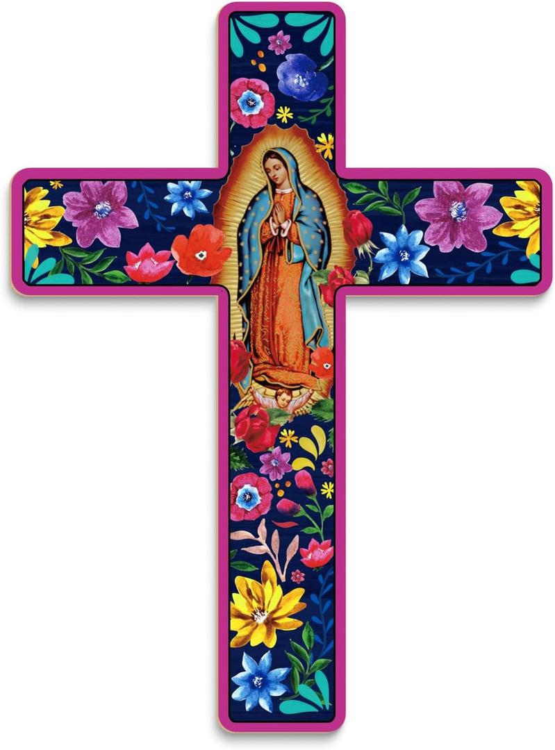 Putuo Decor Floral Cross Wall Decor Painted Decorative Wooden Inspirational Cross Spanish Style Wall Cross Decor Mexican Art Wall Decor Crucifix for Home Room Church Decoration