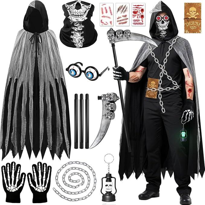 MOVINPE Grim Reaper Costume Set for Men Adults Halloween Outfit– Hooded Cloak with Skull Mask, Skeleton Gloves, Scythe, Tattoos, Fake Chain, Glasses & Lantern Keychain Cosplay
