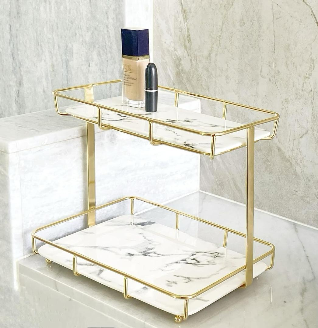 10in Bathroom Organizer Countertop Perfume Organizer Makeup Organizer Cosmetics Storage Display Rack Vanity Tray Dresser Stainless Steel Gold Shelf White Marble Ceramic Tray