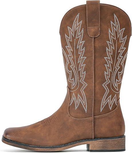 IUV Cowboy Boots For Women Square Toe Western Boots Mid Calf Cowgirl Boots Pull On Embroidered Brown Cowboy Boots
8.5