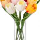 Briful Fake Flowers Artificial Tulip Flower in Clear Vase, Multi Color Real Touch Foam Tulip Arrangement Suitable for Home Office Decoration, Dining Table Centerpiece