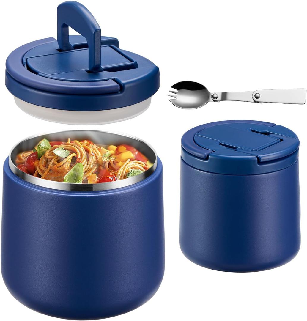20oz Insulated Vacuum Food Jar with Buckle Lid, Soup Thermo for Hot Food Kids, Wide Mouth Leakproof Stainless Steel Lunch Container with Spoon-Blue