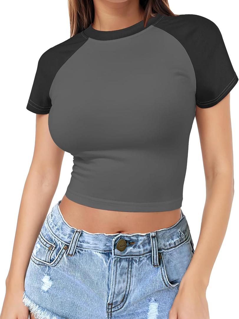 Womens Short Sleeve Crop Top Crew Neck Y2K Shirt Sexy Slim Fitted Casual Base Layer Soft Workout Shirt Going Out Tops (01-black Grey Combo)