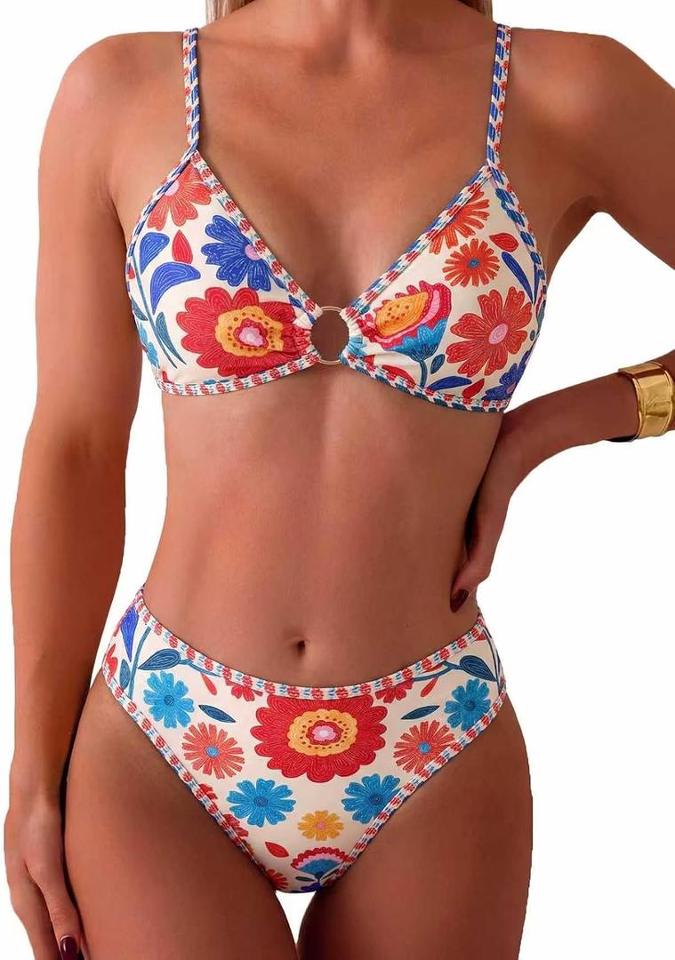 Tainehs Women's Two Piece Bikini Sets O Ring Front Top Ditsy Floral Triangle Swimsuits Cheeky Bathing Suit, Small