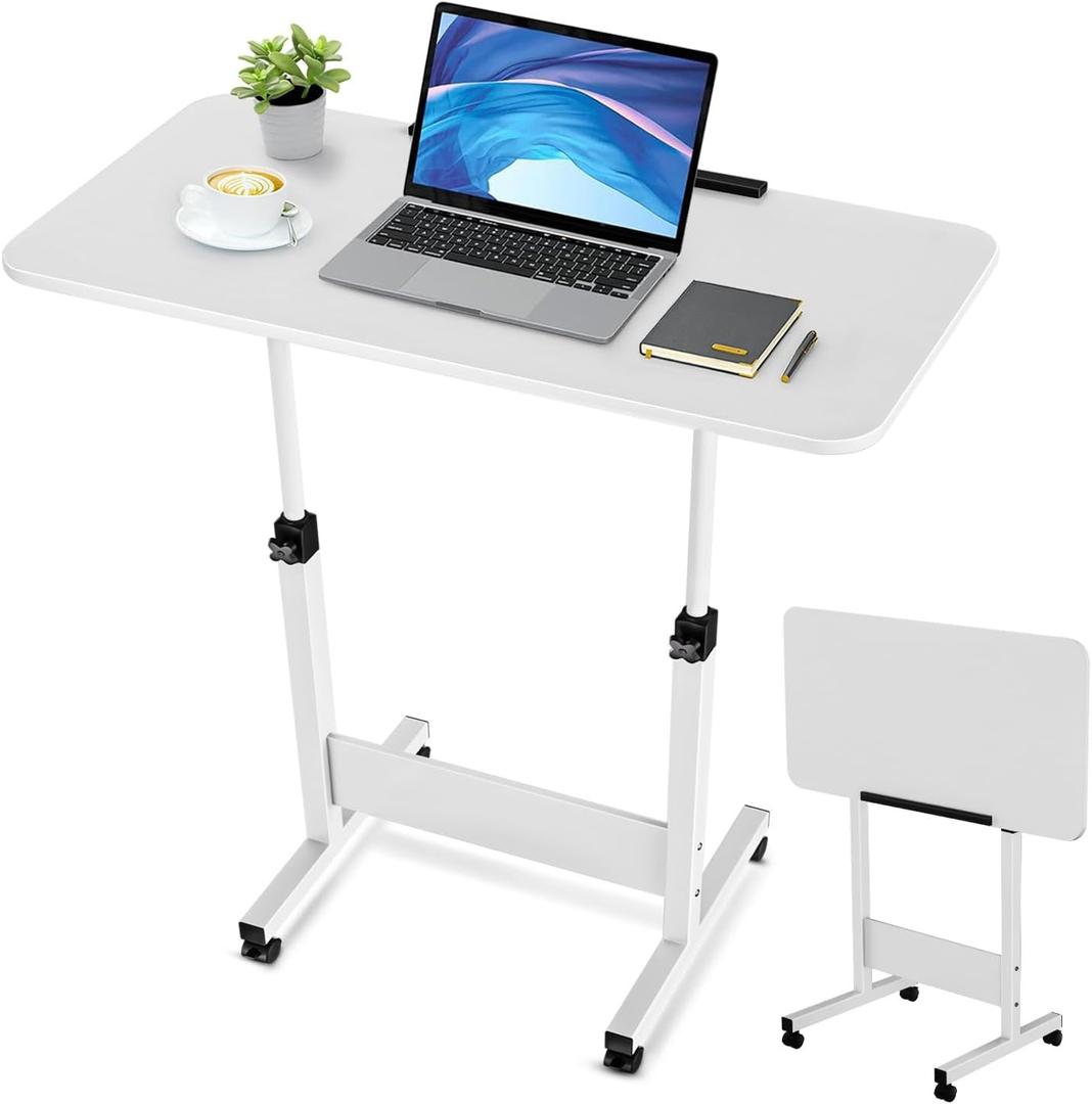 Tiltable Standing Desk Adjustable Height, Portable Foldable Desk with Wheels, Small Rolling Laptop Table, Mobile Sit Stand Computer Desk for Walking Pad, Bike Trainer, White