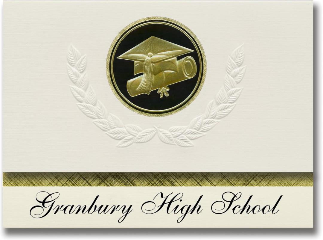 Granbury High School (Granbury, TX) Graduation Announcements, Presidential style, Basic package of 25 Cap & Diploma Seal. Black & Gold.