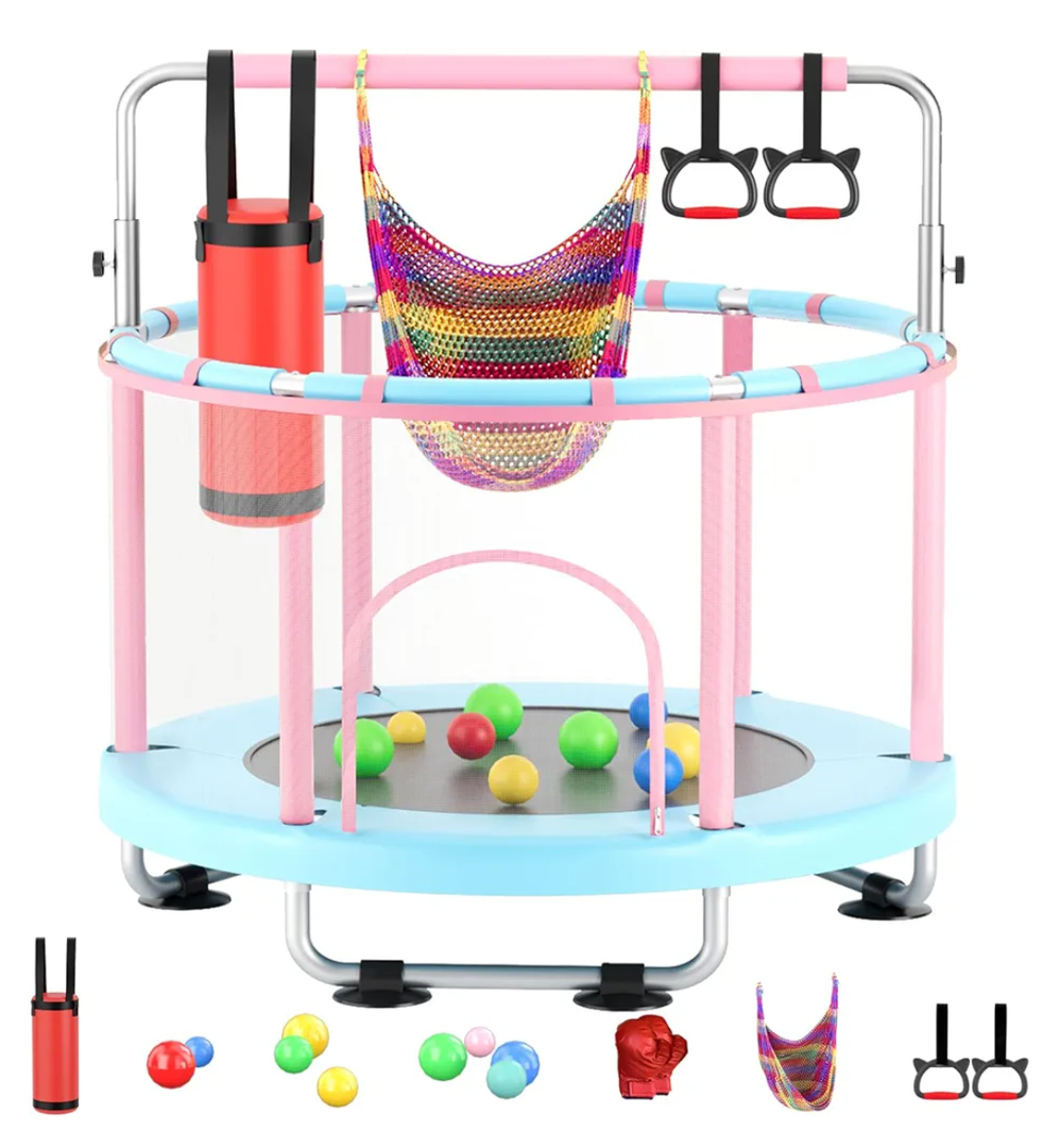 55" Toddler Mini Trampoline for Kids, Indoor Outdoor Toys with Swing, 440lbs Baby Kids Trampoline, Gymnastics Bar, Birthday Gifts for Boy Girl Age 1-8