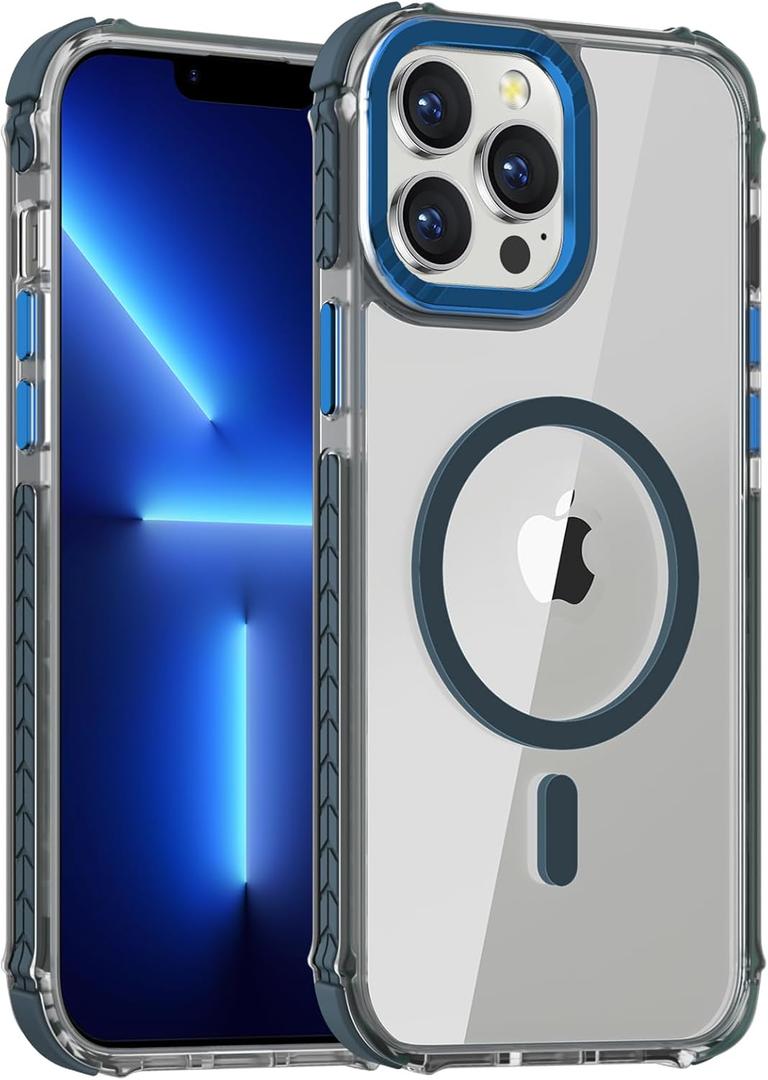DEERLAMN Strong Magnetic Case for iPhone 14 Pro 6.1-Inch,[Compatible with Magsafe] Clear Slim Shockproof Protective Phone Cover for Women Men-Transparent+Blue