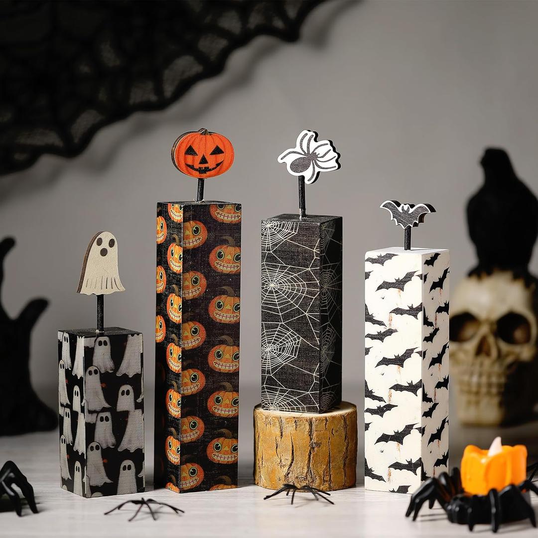 Yerliker 4 Pcs Halloween Wooden Tiered Tray Decor Set Halloween Wood Table Centerpieces Signs Pumpkin Ghost Blocks Signs for Rustic Farmhouse Home Mantle Office Mantel Shelf Desk Decor