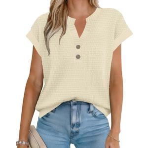 Women's Sweater Vest Spring Summer Button V Neck Striped Pullover Tank Top Cap Sleeve Knit Sweaters Tops (L)