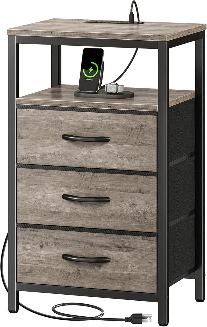 Huuger Nightstand with Charging Station, Fabric Drawers, End Table with Open Shelf, Bedside Table with USB Ports and Outlets, Night Stand for Bedroom, Oak