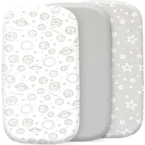 Bassinet Sheets Boy and Girl 3-Pack Soft Fitted Bassinet Sheets, Organic Cotton, Breathable & Cozy, Fits 32x16x4 Inch Rectangle, Oval & Hourglass Mattresses (Grey) (Galaxy)
