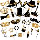 Zonon 24 Pcs Funny Photo Booth Props Class of 2026 Graduation Birthday Wedding Family Class Reunion Prom Disco Party Celebration Decoration Supplies Mix of Hats, Lipstick, Tie(Golden)