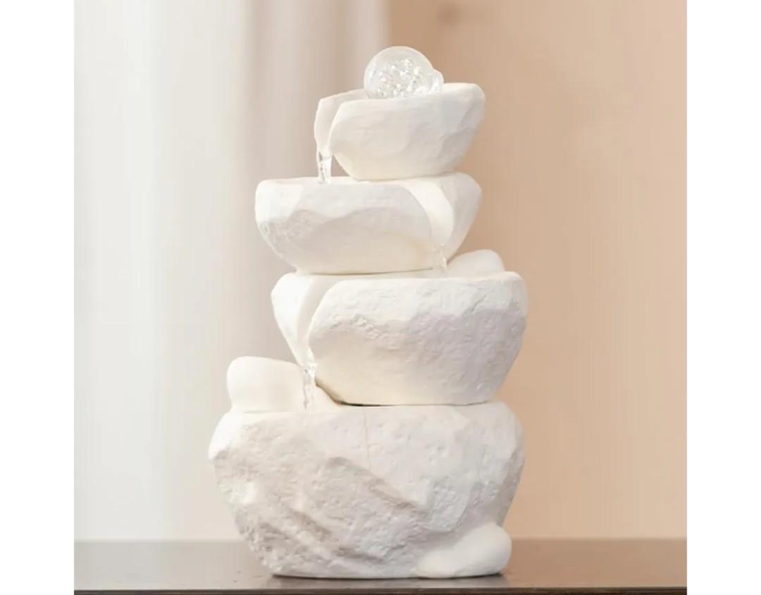 Tabletop Desktop Fountain Waterfall Water Feature Ceramic Indoor Fountain Office Home Decoration (White)