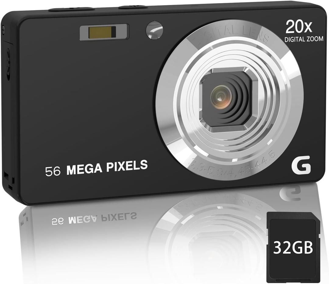 56MP FHD Digital Camera with 20X Digital Zoom & Autofocus, Anti-Shake Point and Shoot Camera for Kids Adults Beginners, Includes 32GB SD Card, Portable Compact for Travel (Black)