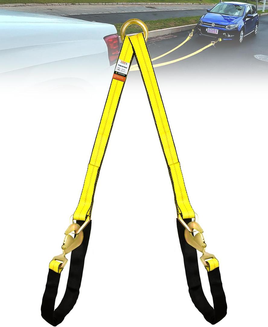 TKK Heavy-Duty V-Bridle Tow Strap 2" x 4'  5,400 lbs Load Capacity | Snap Hooks, Axle Straps & Cordura Sleeve | D-Ring for Tow Truck & Flatbed Towing