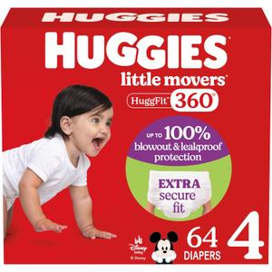 Huggies Size 4 Baby Diapers, Little Movers HuggFit 360 Baby Diapers with 360 Waistband, Size 4 (22-37 lbs), 64 Count
