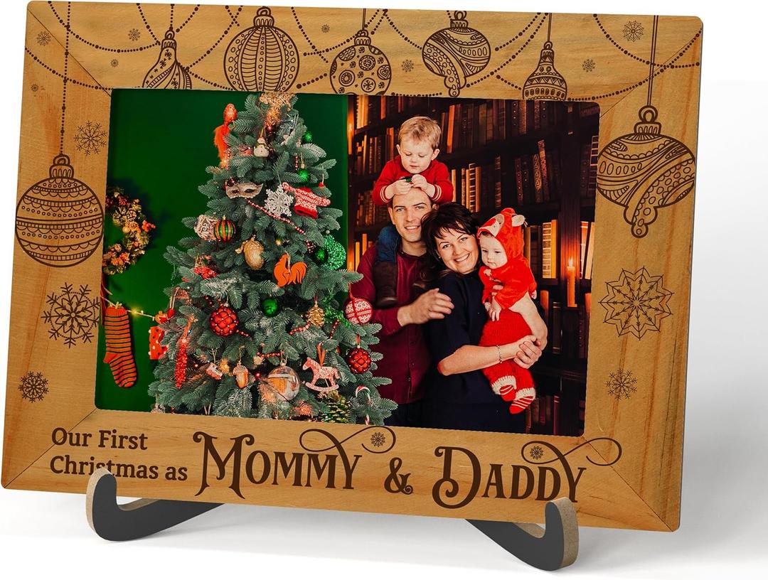 2 x Christmas Picture Frame, Our First Christmas As Mommy And Daddy Picture Frame, Wooden Tabletop Photo Frame With Stand, Winter Holiday Christmas Frame Gifts For New Mommy Daddy -C08