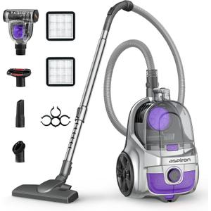Aspiron 40Kpa Canister Vacuum Cleaner, 1600W Bagless Canister Vacuum Cleaner with 5 Tools, Auto Cord Rewind, H13 HEPA Filter, 4Qt Large Cup, for Hard Floors, Carpet, Pet, Upholstery, Tiles, Purple