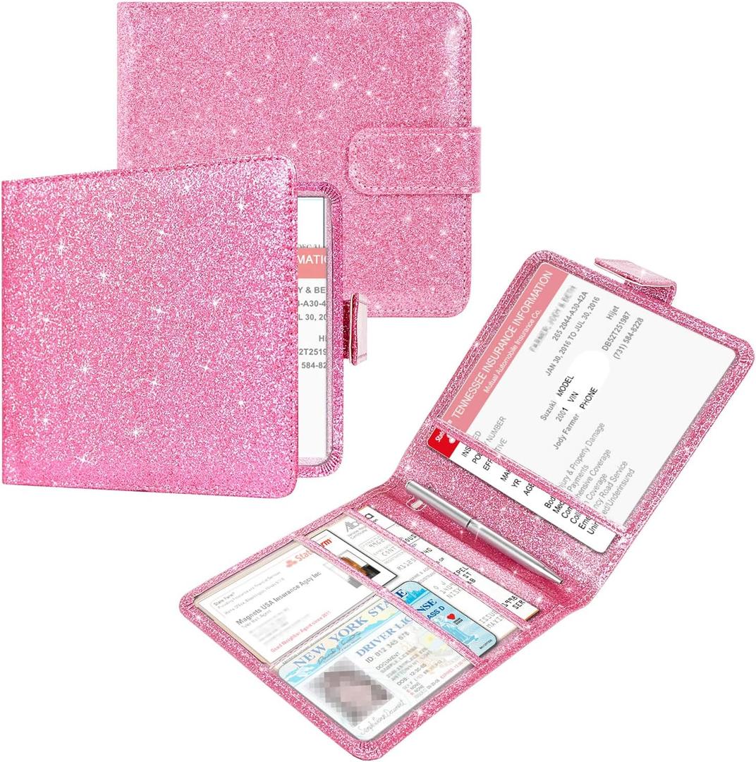 Car Registration and Insurance Holder, Vehicle Glove Box Car Organizer with Magnetic Closure, Auto Truck Comparment Accessories Case for Cards, Essential Document and Driver License (Glitter Pink)