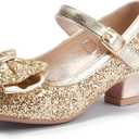 PANDANINJIA Girls Dress Shoes Toddler Heels Ruby Bow Mary Jane Low Heels Flower Girl Party Pumps Wedding Princess Shoes for Toddler/Little Kid/Big Kid (Gold Sequin, 9 M US Toddler)